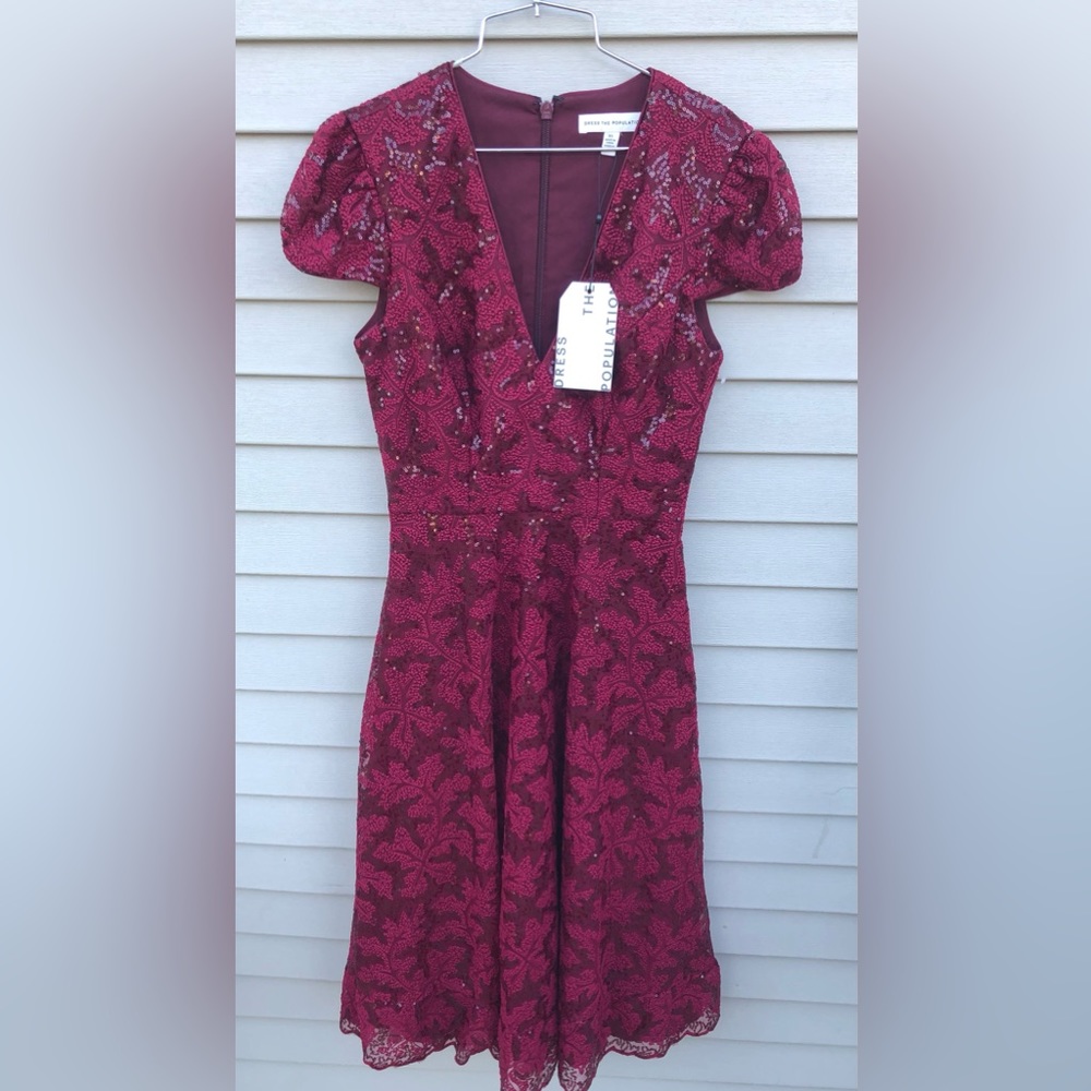 Dress The Population Magdalena Leaf Sequin Lace Fit & Flare Midi-Dress XS